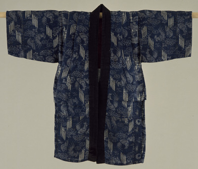 Hanten (Jacket) with Cranes, Chrysanthemums, and Well Cribs on Indigo Kasuri (Ikat) Ground Image