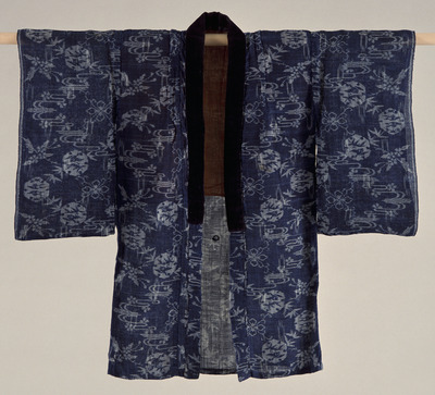 Hanten (Jacket) with Flowing Water, Cherry Blossoms, Snow Flakes, and Geese on Indigo Kasuri (Ikat) Image