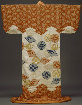 Kosode (Short-Sleeved Kimono) with Pine Bark Lozenges, Hemp Leaf Design, and Scattered Crests in Tie-dyeing and Embroidery on Parti-colored, Figured-Satin Ground Image