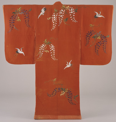 Furisode (Long-Sleeved Kimono) with Wisteria and Flying Cranes in Embroidery on Vermilion Ground Image