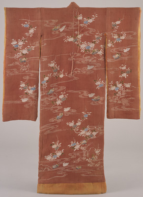 Furisode (Long-Sleeved Kimono) with Mandarin Ducks and Roses in Stream on Crimson Ground Image