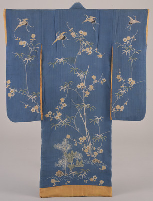 Furisode (Long-Sleeved Kimono) with Pines, Bamboo, Plums, and Flying Cranes on Dark Blue Ground Image