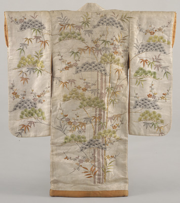 Furisode (Long-Sleeved Kimono) with Pines, Bamboo, and Plum Blossoms on White Ground Image