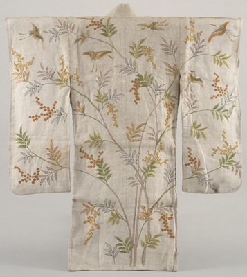 Furisode (Long-Sleeved Kimono) with Flying Cranes and Nandia on White Ground Image