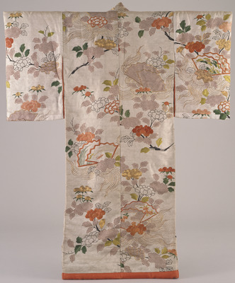 Furisode (Long-Sleeved Kimono) with Peonies and Folding Fans (Scene from Shakkyo) on White Groun Image