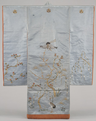 Furisode (Long-Sleeved Kimono) with Flowering Plants of the Four Seasons and Cranes on Light Blue Ground Image