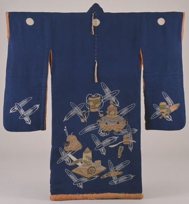 Furisode (Long-Sleeved Kimono) with Tea Utensils on Dark Blue Ground Image