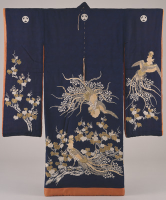 Furisode (Long-Sleeved Kimono) with Phoenixes and Paulownias on Dark Blue Ground Image