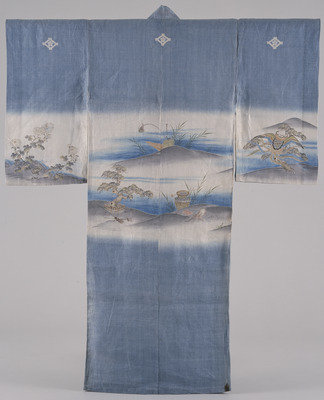 Furisode (Long-Sleeved Kimono) with Scenes from the Noh Play, Hagoromo (Feather Coat), on Light Blue Ground Image