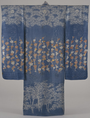 Furisode (Long-Sleeved Kimono) with Pines, Plum Blossoms, and Bamboo on Blue Ground Image