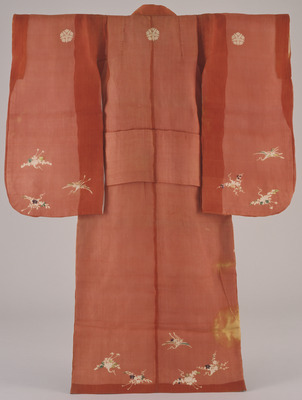 Furisode (Long-Sleeved Kimono) with Floral Flying Cranes on Crimson Ground Image