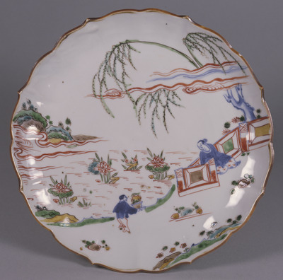 Nanking Flower-shaped Plate with Willow, Lotus Pond, and Figures in Overglaze Enamels Image