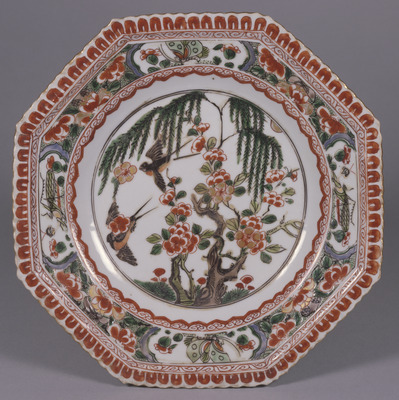 Kangxi Octagonal Plate with Willow, Plum Trees, and Swallows in Overglaze Enamels Image