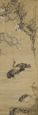 Swimming Ducks, Plum Blossoms, and Sasanquas Image