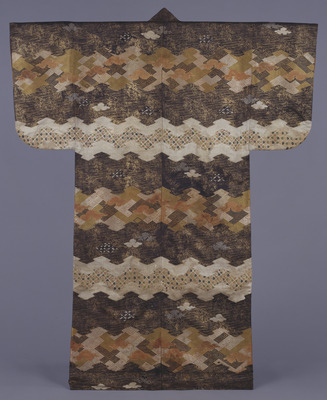 Kosode (Short-Sleeved Kimono) with Flowering Plants and Pine Bark Lozenge Patterns in Embroidery and Image