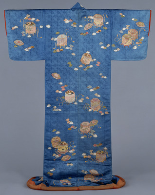 Uchikake (Formal Outer Robe) with Shell Matching Game Motif in Yuzen Dyeing on Blue Figured-Satin Ground Image