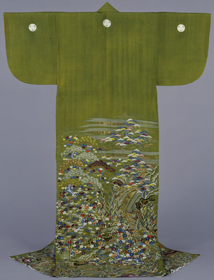 Hitoe (Unlined Kimono) with Goshodoki Design (Landscape with Literary Imagery) on Light Green Silk Crepe Ground Image