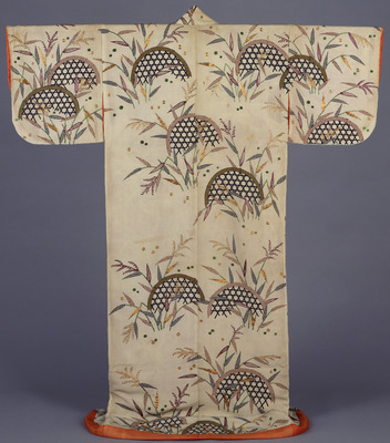 Kosode (Short-Sleeved Kimono) with Gabions and Reeds in Dyeing and Embroidery on Light Yellow Crepe (Chirimen) Ground Image