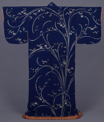 Kosode (Kimono) with Orchids and Tale of Genji Designs on Dark Blue Crepe (Chirimen) Ground Image