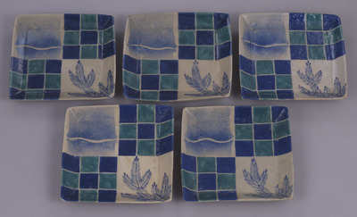 Kyoto Ware Square Dishes with Pines, Bamboo, and Checkered Pattern in Overglaze Enamels Image