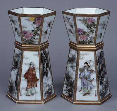 Hexagonal Vase with Figures, Flowers, Birds, and Landscape in Gold and Overglaze Enamels Image