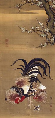 Chickens and White Plum Blossoms Image