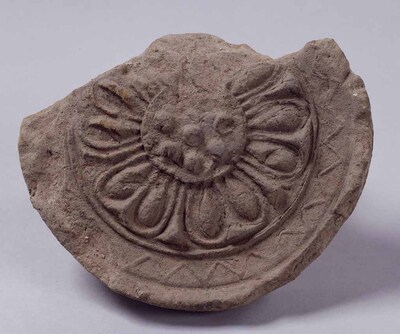 Fragment of Round Eaves Tile with Double Lotus Petal Design Excavated from Okubo-dera Temple Image