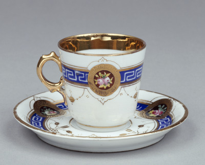 Coffee Cup and Saucer with Roses in Overglaze Enamels Image