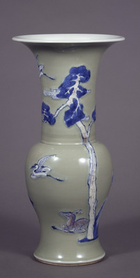 Kangxi Flask with Pine Tree, Cranes, and Deer in Underglaze Blue, Copper Red, and Light Blue-Green Glaze Image