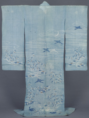 Furisode Katabira (Long-Sleeved Summer Kimono) with Wild Ducks by River on Light Blue Ramie Ground Image