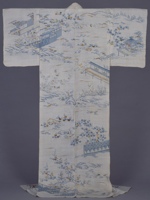 Katabira (Summer Kimono) with Scenes of the Four Seasons in Dyeing and Embroidery on White Ramie Ground Image