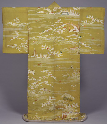 Kosode (Short-Sleeved Kimono) with Scenes of the Imperial Palace Garden on Yellowish-Green Crepe (Chirimen) Ground Image