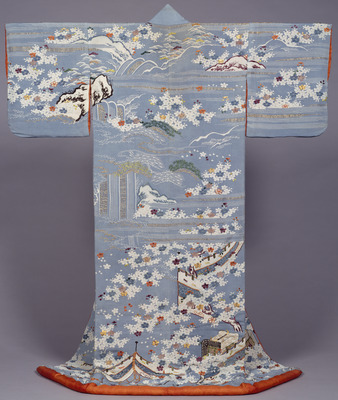 Kosode (Kimono) with Scenes from the Imperial Palace Garden on Bluish Gray Crepe (Chirimen) Ground Image