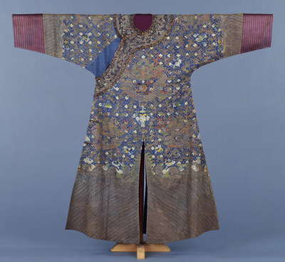 Jifu (Formal Court Dragon Robe) with Dragons, Gammadions, and Flowers in Tapestry Weave (Kesi) on Bl Image