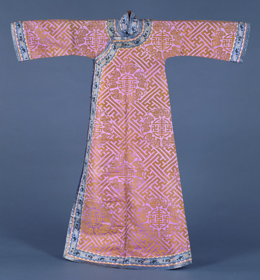 Qipao (Informal Robe) with Felicitous Medallions Five Bats over Gammadion Diaper on Purple Damask Gr Image