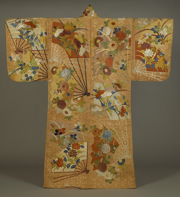 Karaori No Costume with Fans and Flowering Plants of the Four Seasons on Pink Ground Image