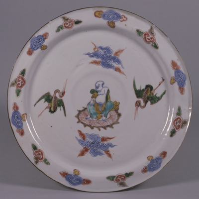 Nanking Plate with Arhat and a Pair of Cranes in Underglaze Blue and Overglaze Enamels Image