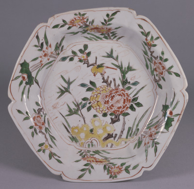 Nanking Hexagonal Plate with Crag, Flowers, and Birds in Overglaze Enamels Image