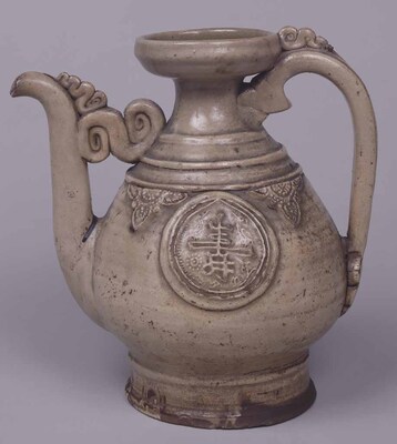 Ewer with the Characters for "Long Life" and Flowers in Ash Glaze Image