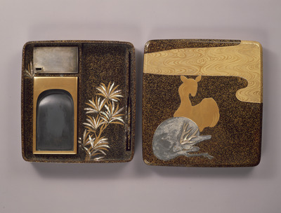 Inkstone Case with Black Pines and Deer in Makie and Mother-of-Pearl Inlay Image