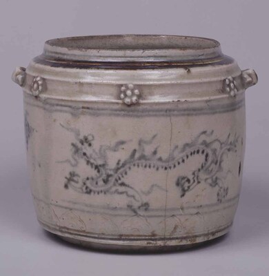 Drum-shaped Fresh Water Container with Dragons in Underglaze Blue Image