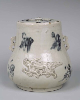 Lidded Fresh Water Container with Dragons and Flowers in Underglaze Blue Image