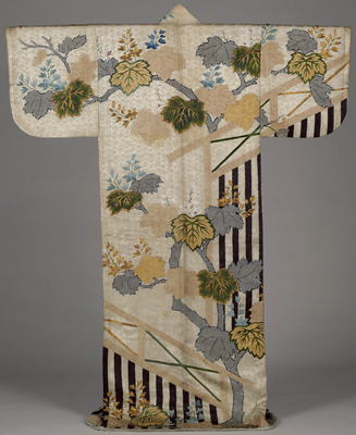 Kosode (Kimono) with Paulownia Trees and Fences on White Figured Satin (Rinzu) Ground Image