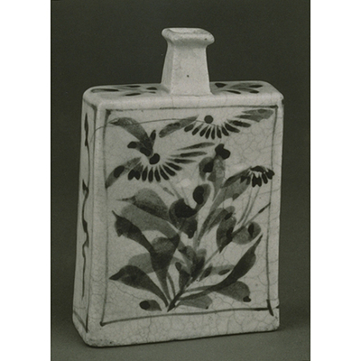 Square Flask with Chrysanthemums, Plums, and Birds in Underglaze Blue Image