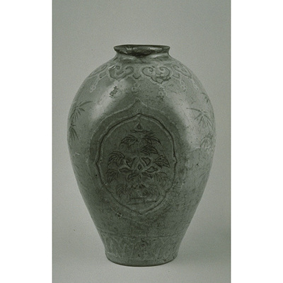 Celadon Jar with Inlaid Design of Peonies, Plums, and Bamboo Image