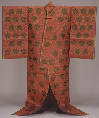 Ko Uchigi (Child's Ceremonial Court Robe) with Leaves, Floral Scrolls, and Quince Crests on Plum Red Ground Image