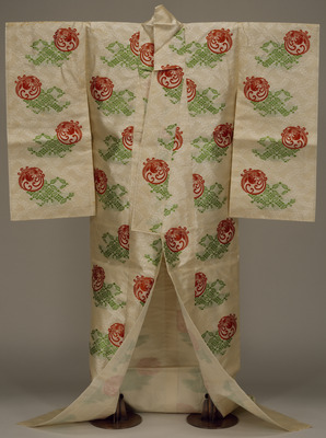 Uchigi (Semiformal Ceremonial Court Robe) with Long-Tailed Bird Roundels on White Linked Hollyhock Ground Image