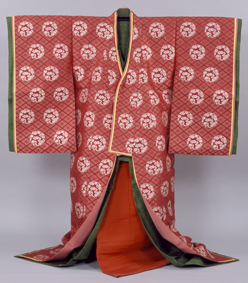 Uchiki (Woman's Semiformal Ceremonial Court Robe) with Chrysanthemum Roundels on Linked Floral Lozenges on Crimson Plum Ground Image