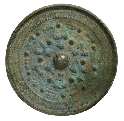 Mirror with Triangular Rim, Animal-Patterned Band, Three Gods, and Three Animals Image