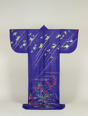 Hitoe (Unlined Kimono) with Blue Plums, Pinks, and Fresh-Water Trout Embroidered on Purple Ro (Gauze) Image